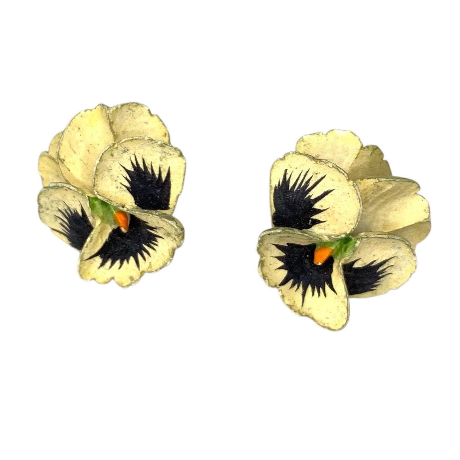Vintage Pair of Carved Celluloid Painted Pansy Flower Floral Earrings by TheVoyageBird