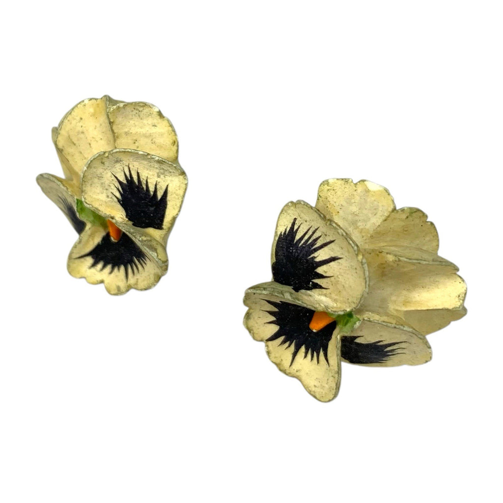Vintage Pair of Carved Celluloid Painted Pansy Flower Floral Earrings by TheVoyageBird