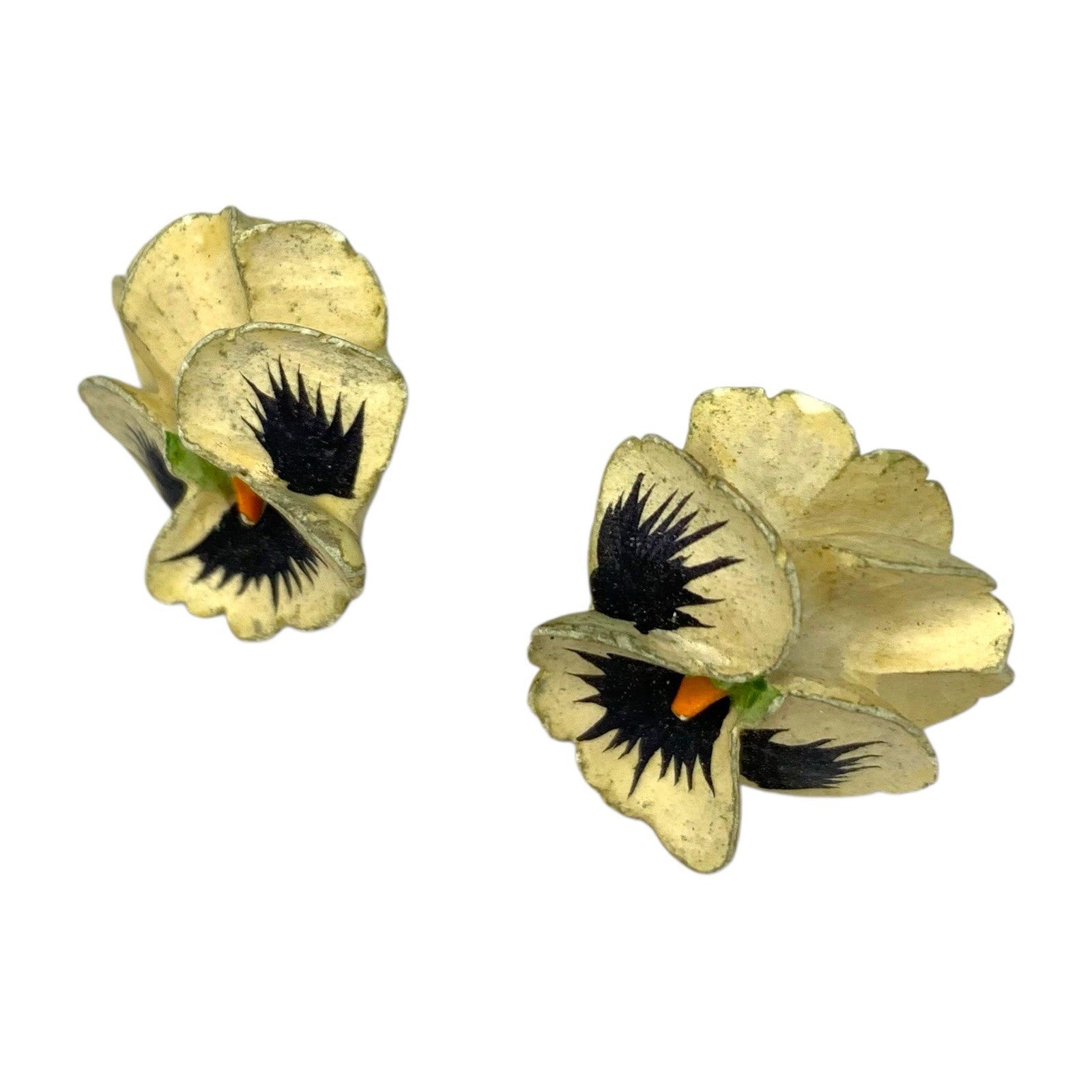 Vintage Pair of Carved Celluloid Painted Pansy Flower Floral Earrings by TheVoyageBird