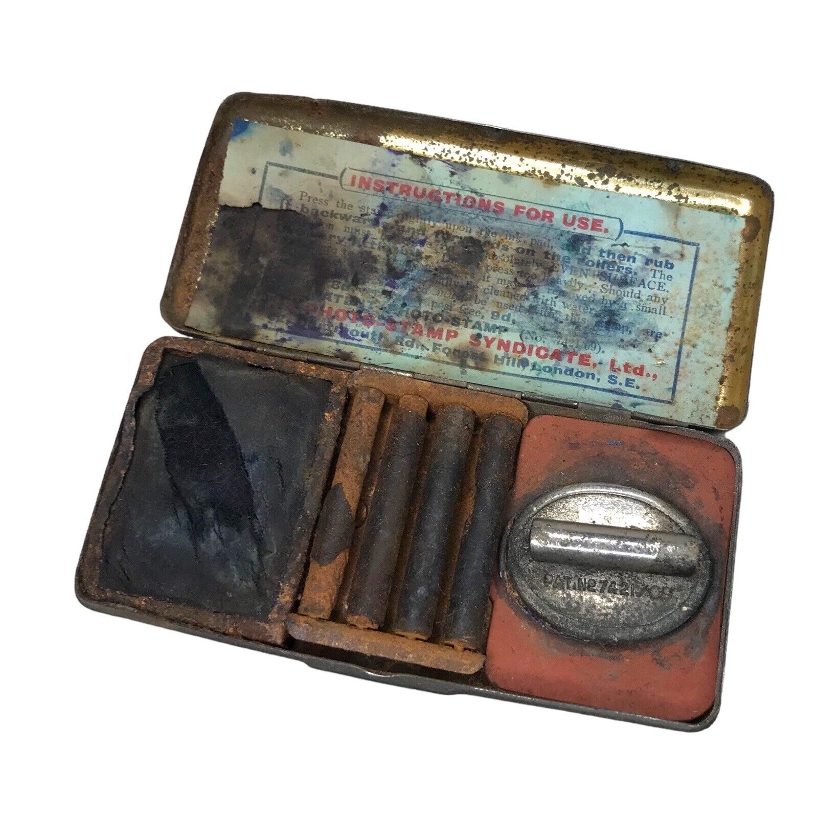 Vintage Photo Stamp Syndicate in Metal Case with Ink Stamp of a Gentleman Desktop Items by TheVoyageBird
