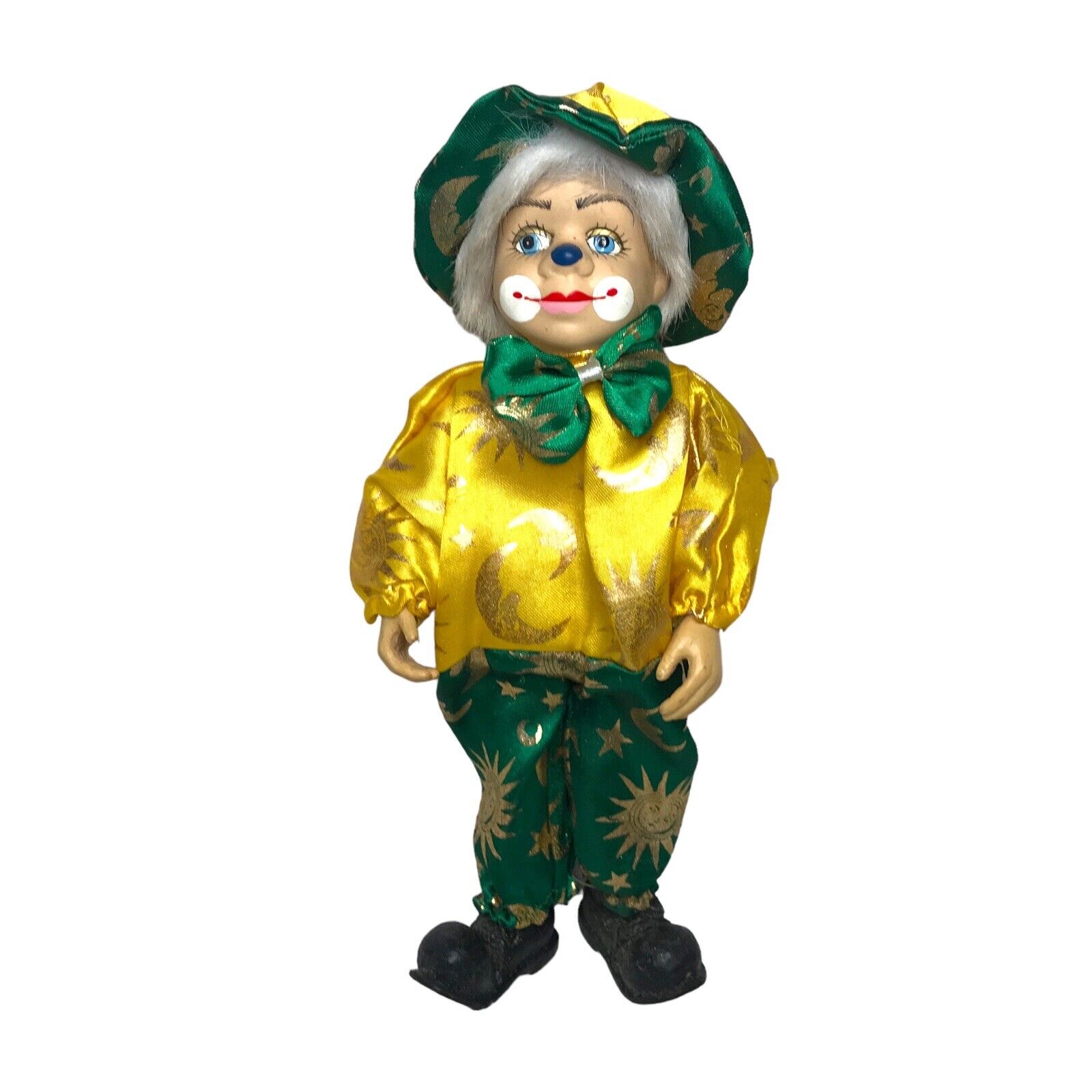 Vintage Porcelain Clown Doll | Yellow & Green Sun and Moon Outfit | Mid-20th Century Antique Dolls by TheVoyageBird