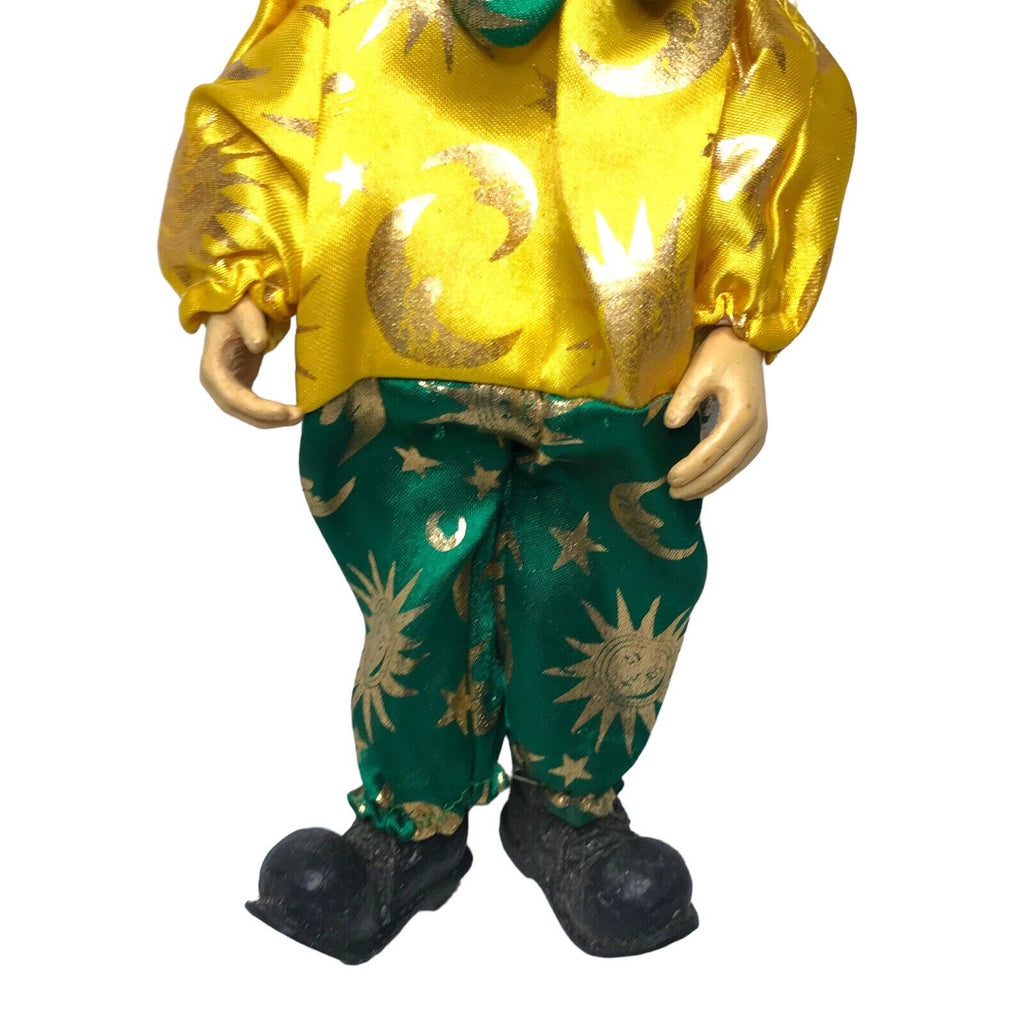 Vintage Porcelain Clown Doll | Yellow & Green Sun and Moon Outfit | Mid-20th Century Antique Dolls by TheVoyageBird