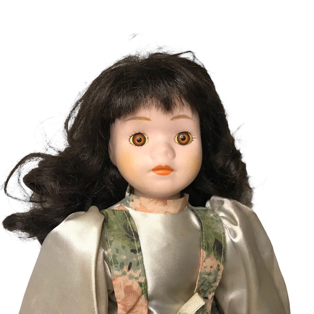 Vintage Porcelain Doll - Brunette Curly Hair with Brown Eyes Satin Flower Dress Antique Dolls by TheVoyageBird