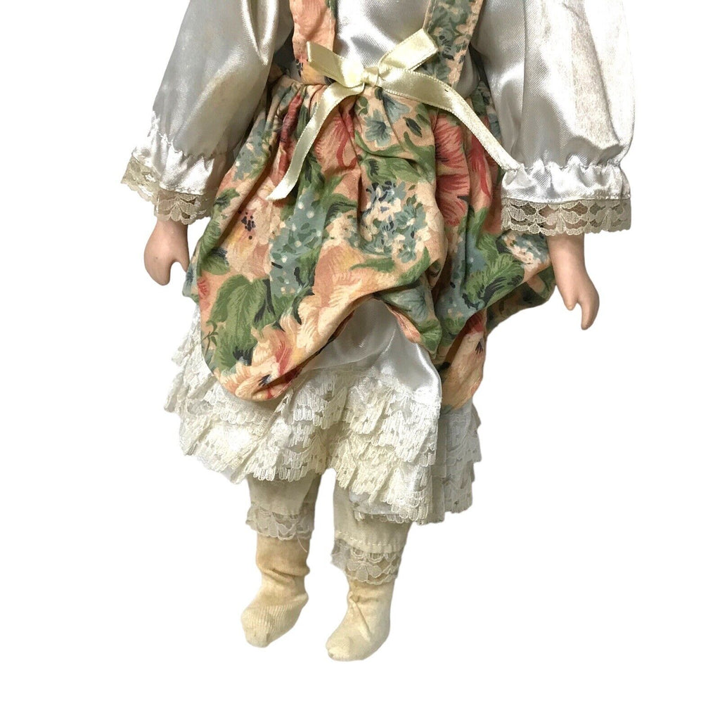 Vintage Porcelain Doll - Brunette Curly Hair with Brown Eyes Satin Flower Dress Antique Dolls by TheVoyageBird