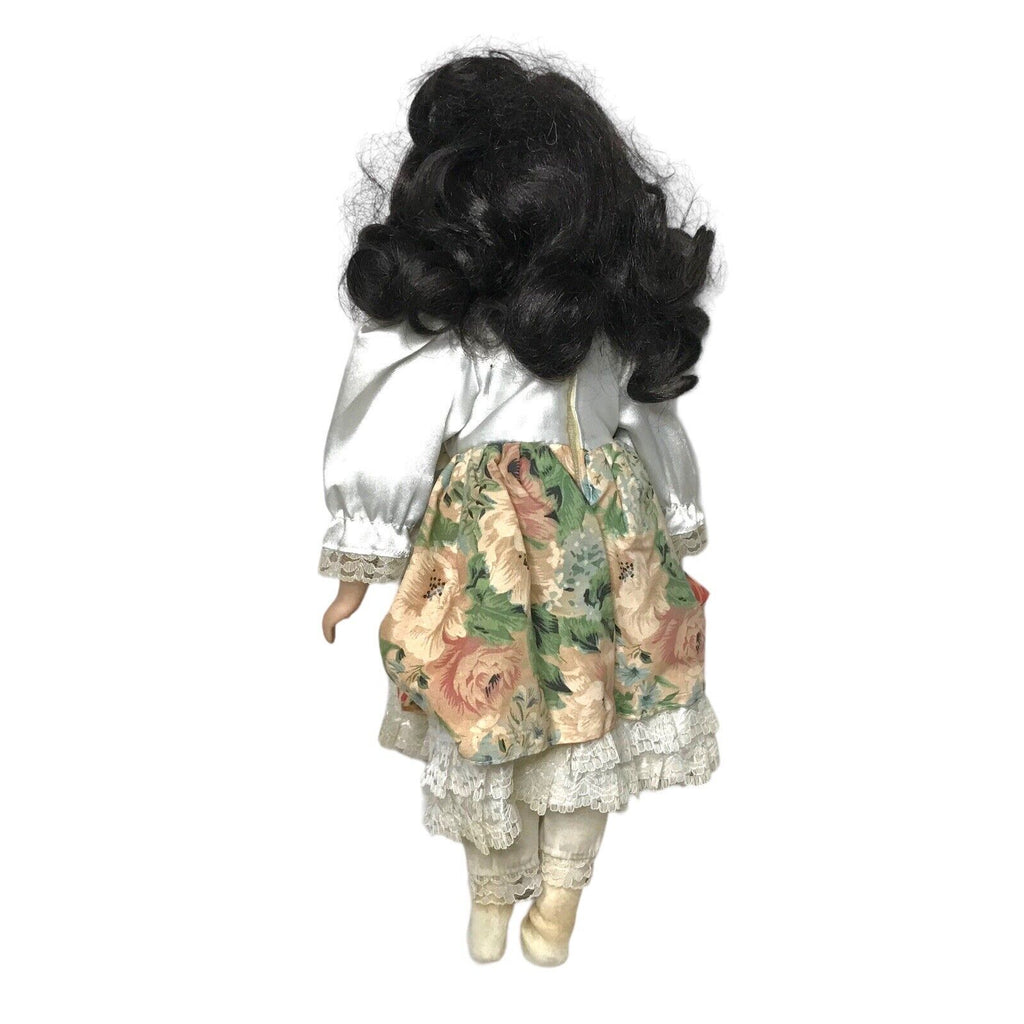 Vintage Porcelain Doll - Brunette Curly Hair with Brown Eyes Satin Flower Dress Antique Dolls by TheVoyageBird