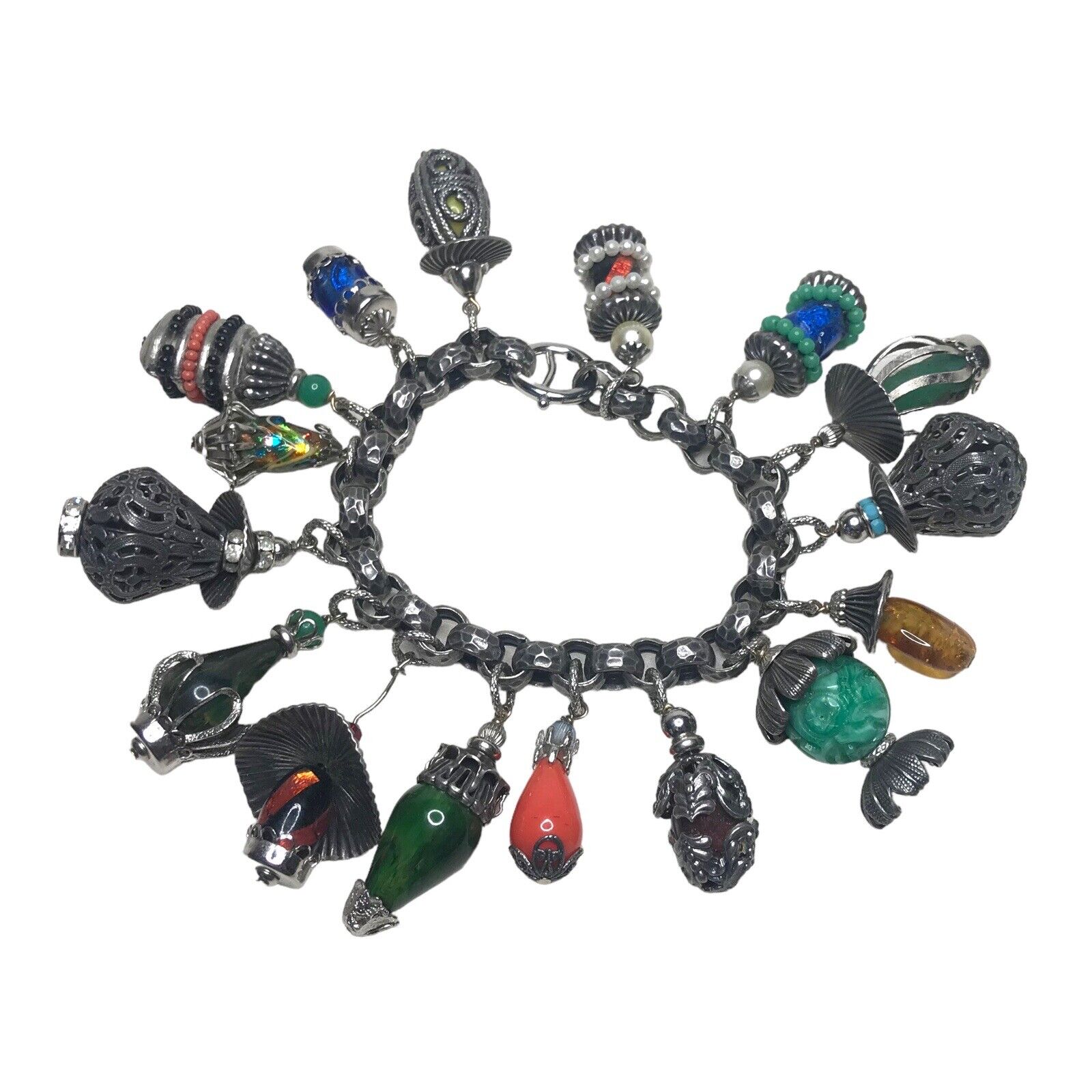 Vintage Signed Napier Chinese Lanterns - 16 Charm Bracelet Silver Tone Glass Bracelets by TheVoyageBird