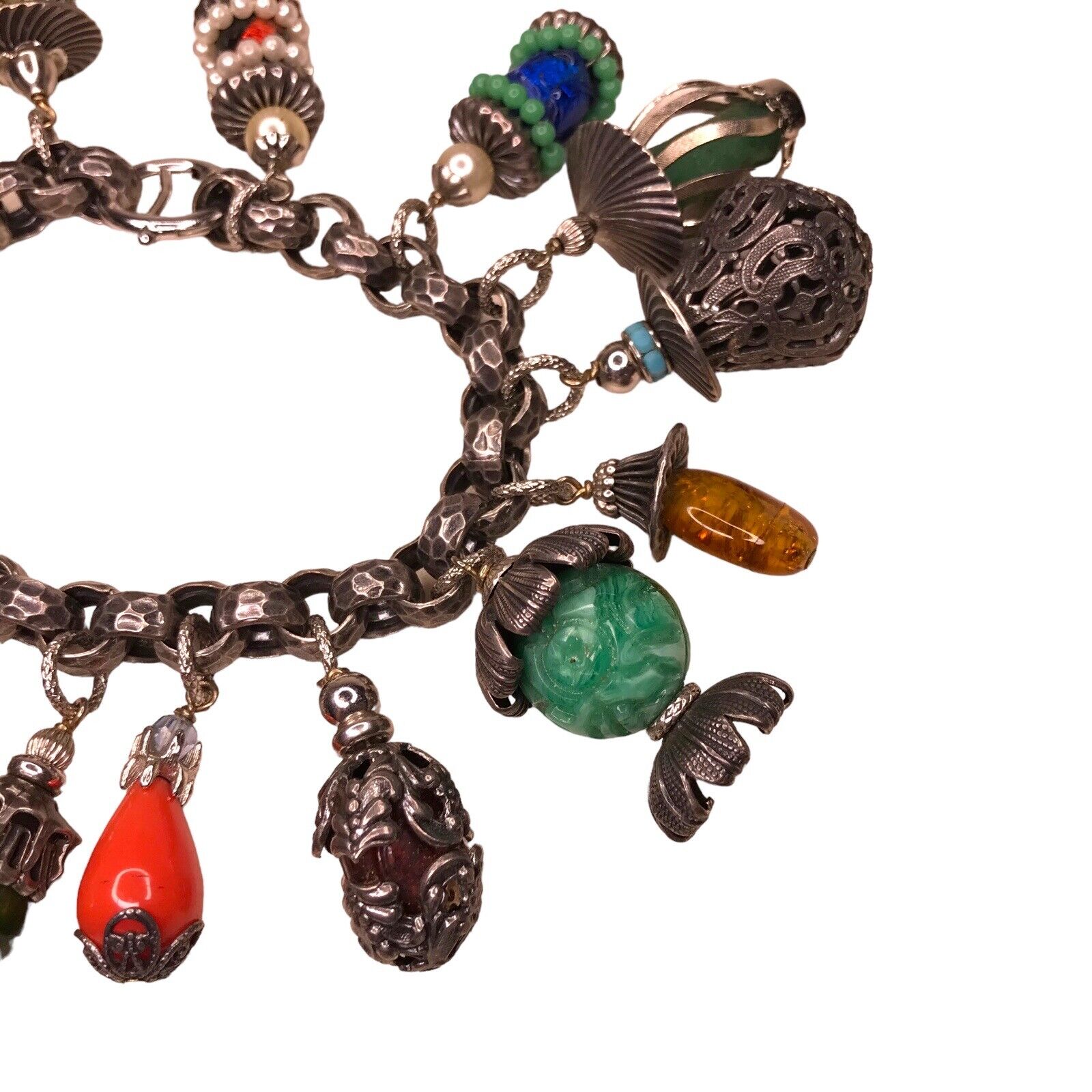 Vintage Signed Napier Chinese Lanterns - 16 Charm Bracelet Silver Tone Glass Bracelets by TheVoyageBird