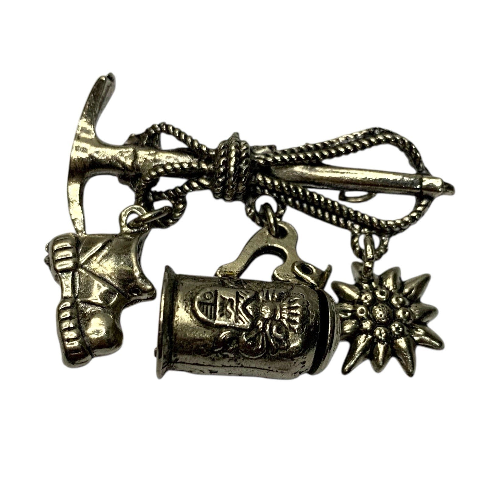 Vintage Souvenir Brooch Edelweiss Flower Hiking Boots Beer Stein Swiss Alpine Pi by TheVoyageBird