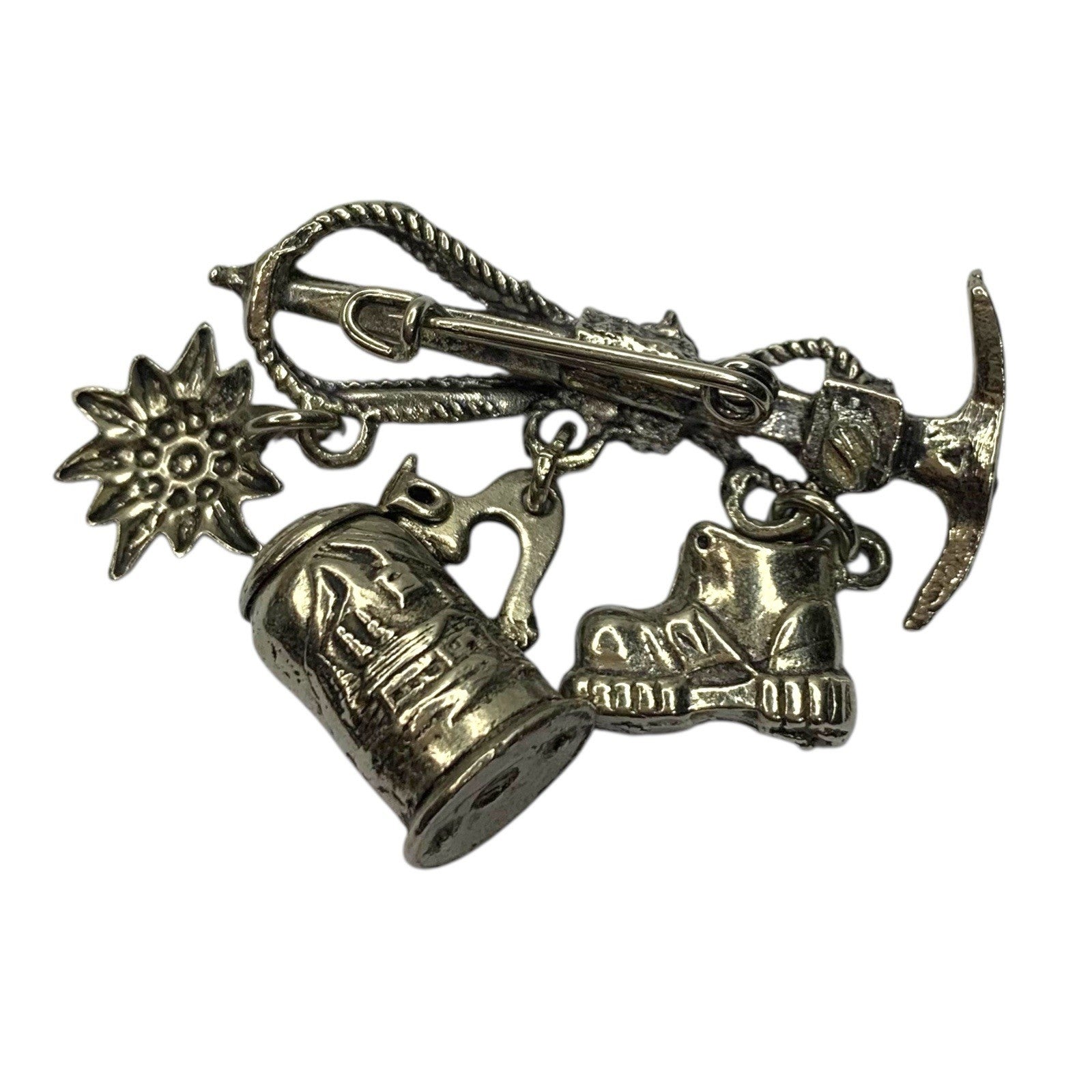 Vintage Souvenir Brooch Edelweiss Flower Hiking Boots Beer Stein Swiss Alpine Pi by TheVoyageBird