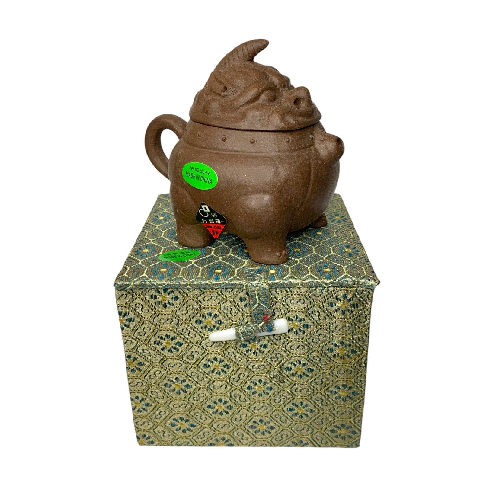 Vintage Yixing Teapot Foo Dog Guardian Lion Zisha Square Circle Factory 1 Boxed Teapots by TheVoyageBird