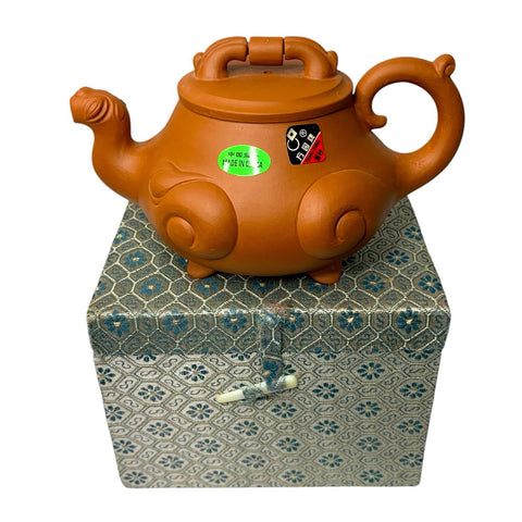 Vintage Yixing Zisha Teapot Dragon Beast Form 1980s China Square Circle Box