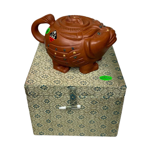Vintage Yixing Zisha Teapot | Square Circle Brand Factory 1 | Pig Design | Boxed | 1980s-1990s