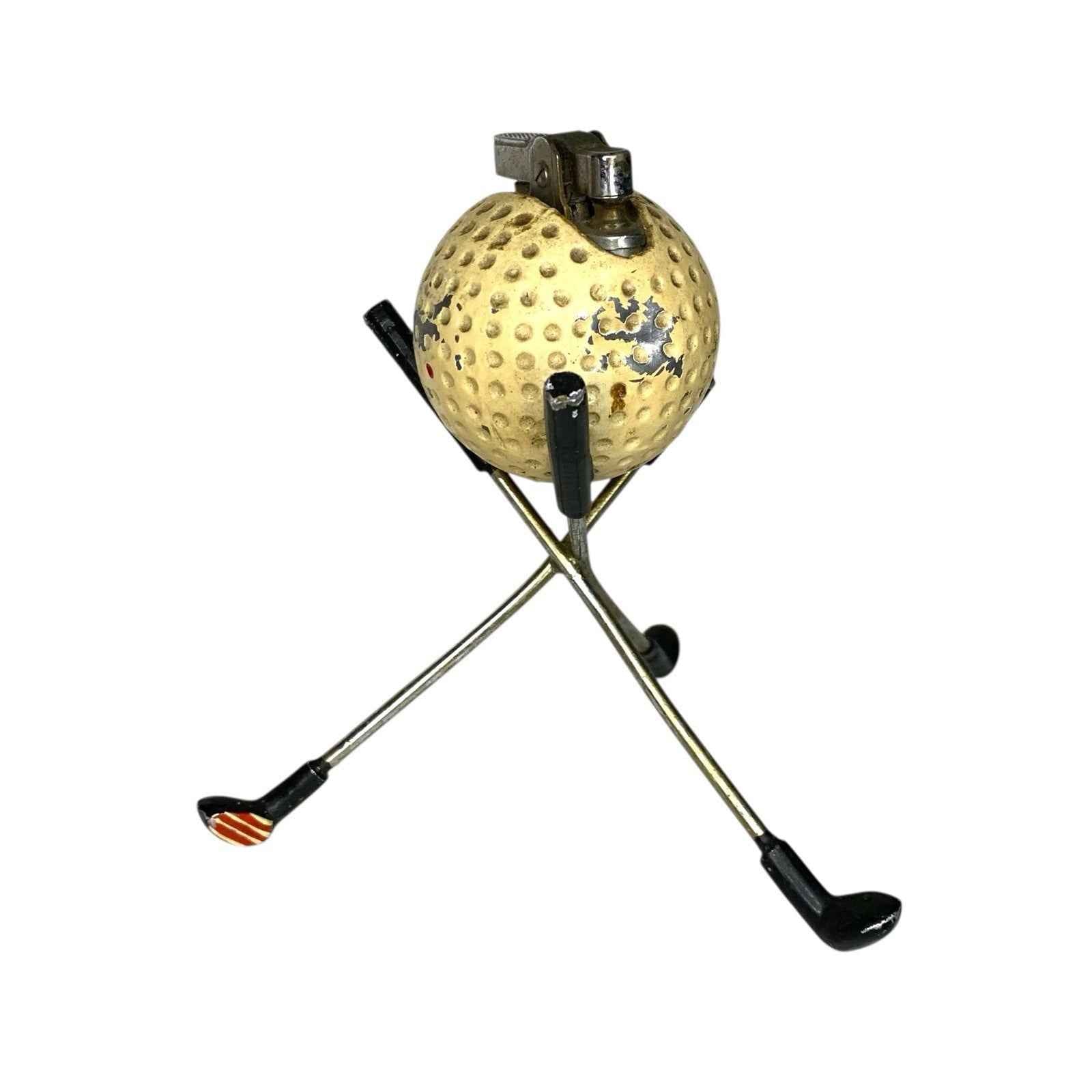 Vintage Golf Theme Table Lighter Cast Metal Golf Ball with Clubs Rare 1960s