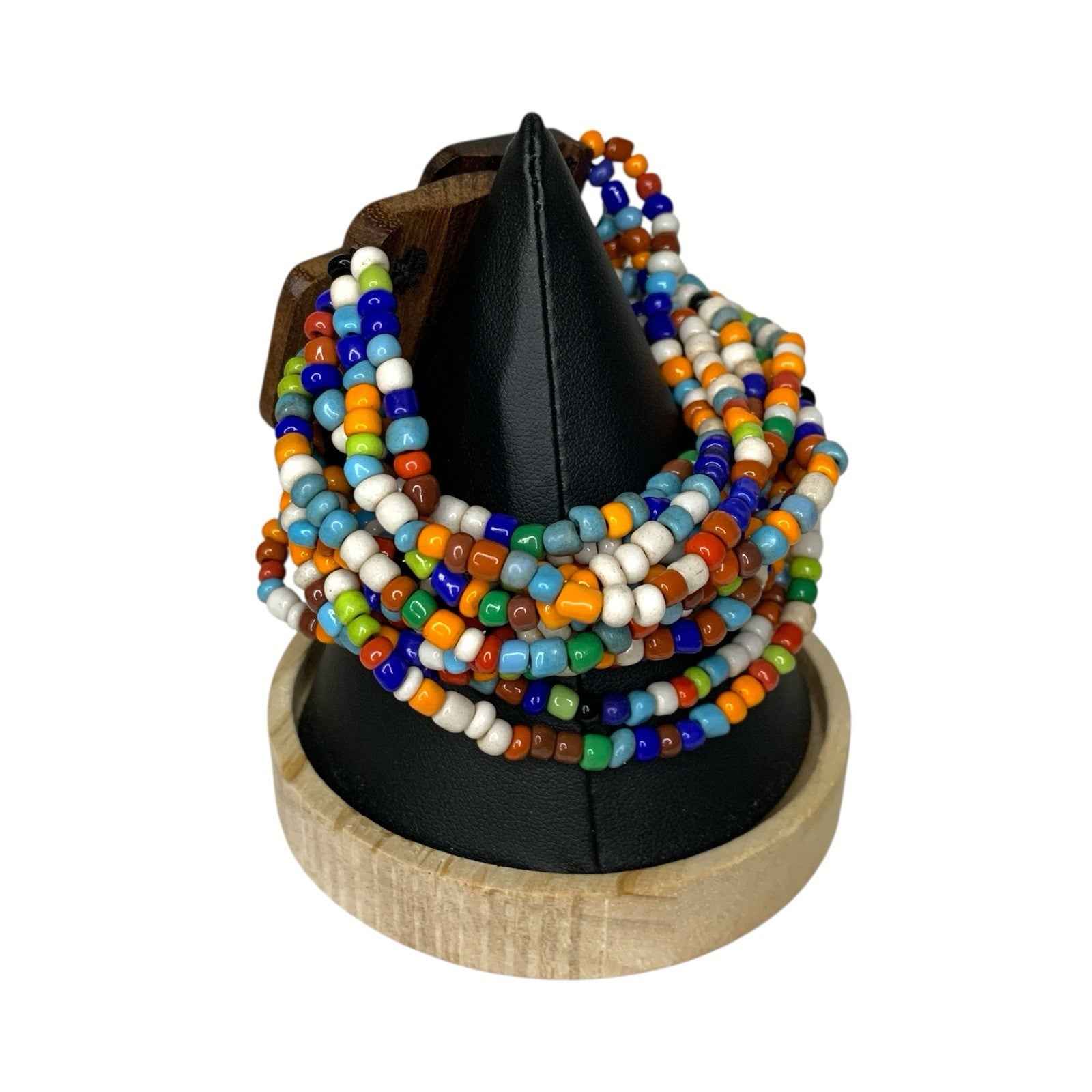 Vintage Rainbow Bead Statement Necklace Stretch Cord Wooden Closure