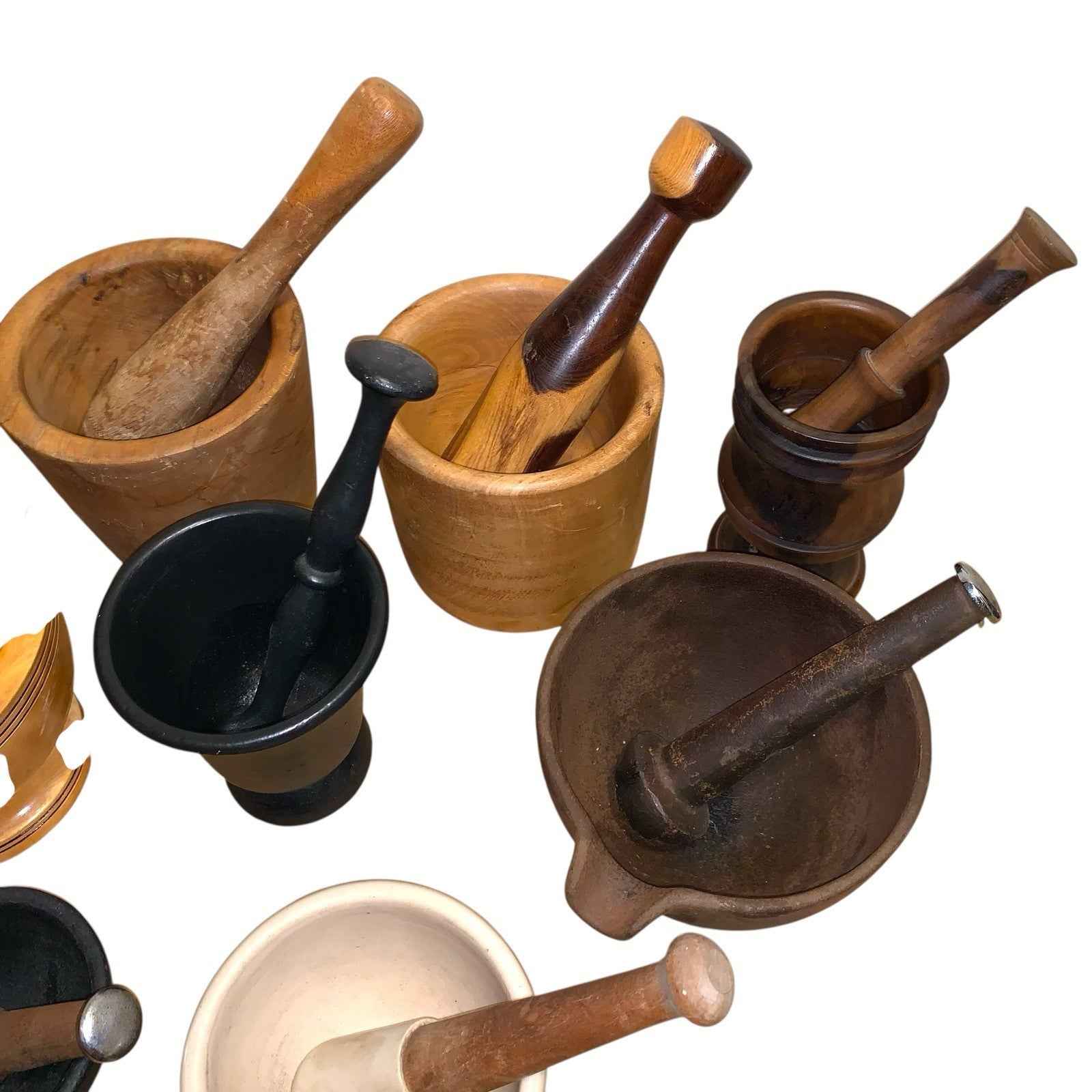 Bundle of 10 Mortar & Pestle Sets Wooden Cast Iron Ceramic Mixed Sizes Heavy Lot