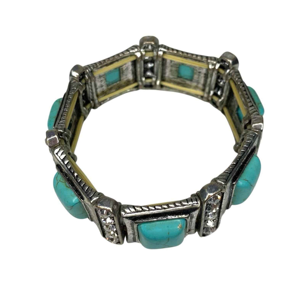 Vintage Metal & Turquoise Square Link Stretch Bracelet with Rhinestones 1970s