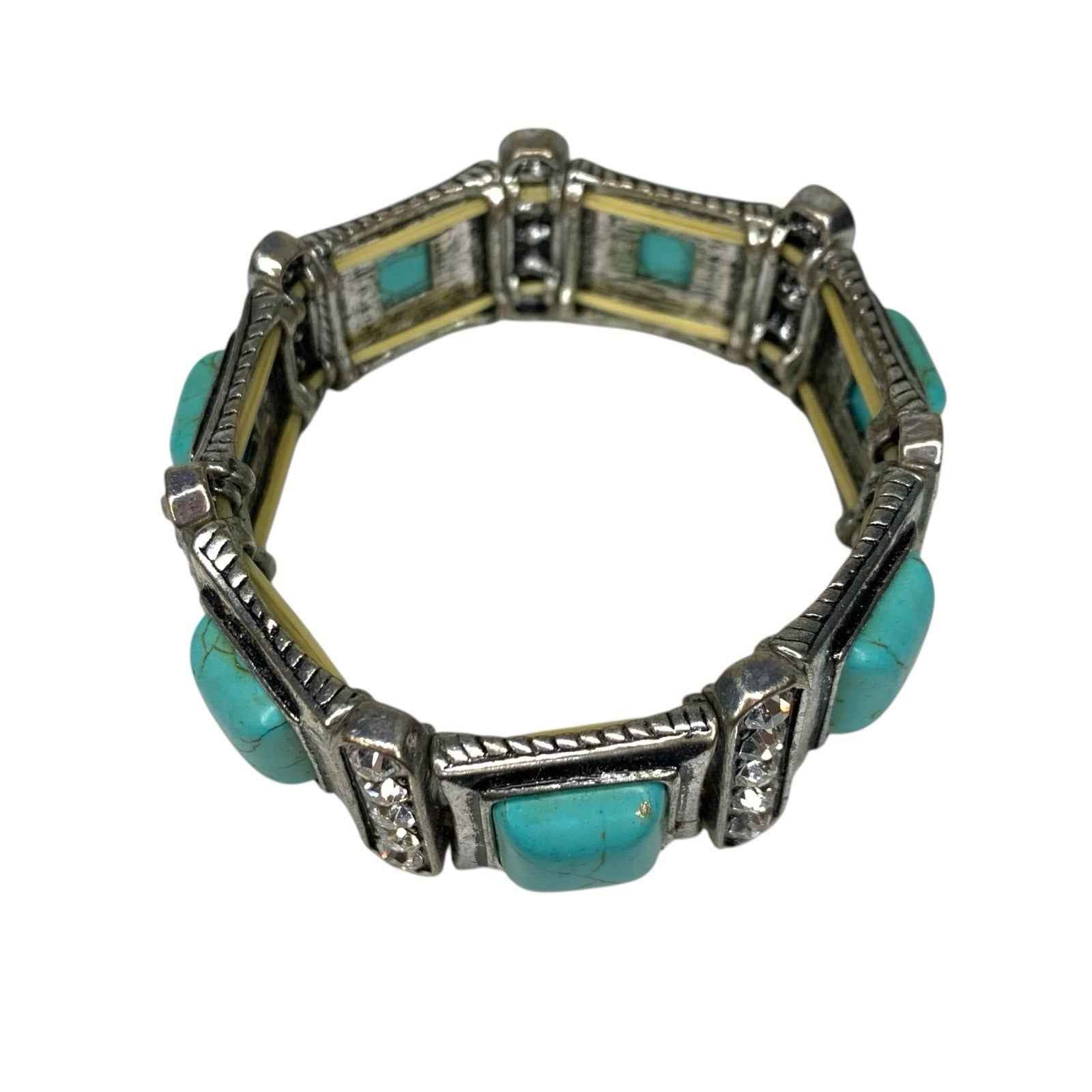 Vintage Metal & Turquoise Square Link Stretch Bracelet with Rhinestones 1970s