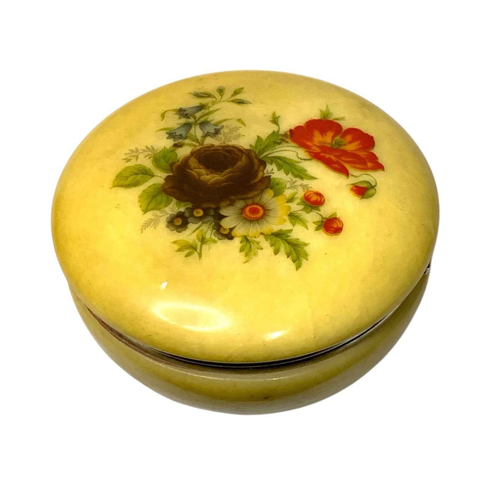 Vintage Alabaster Powder Trinket Soap Box Powder Puff Floral Design Italy 1950s