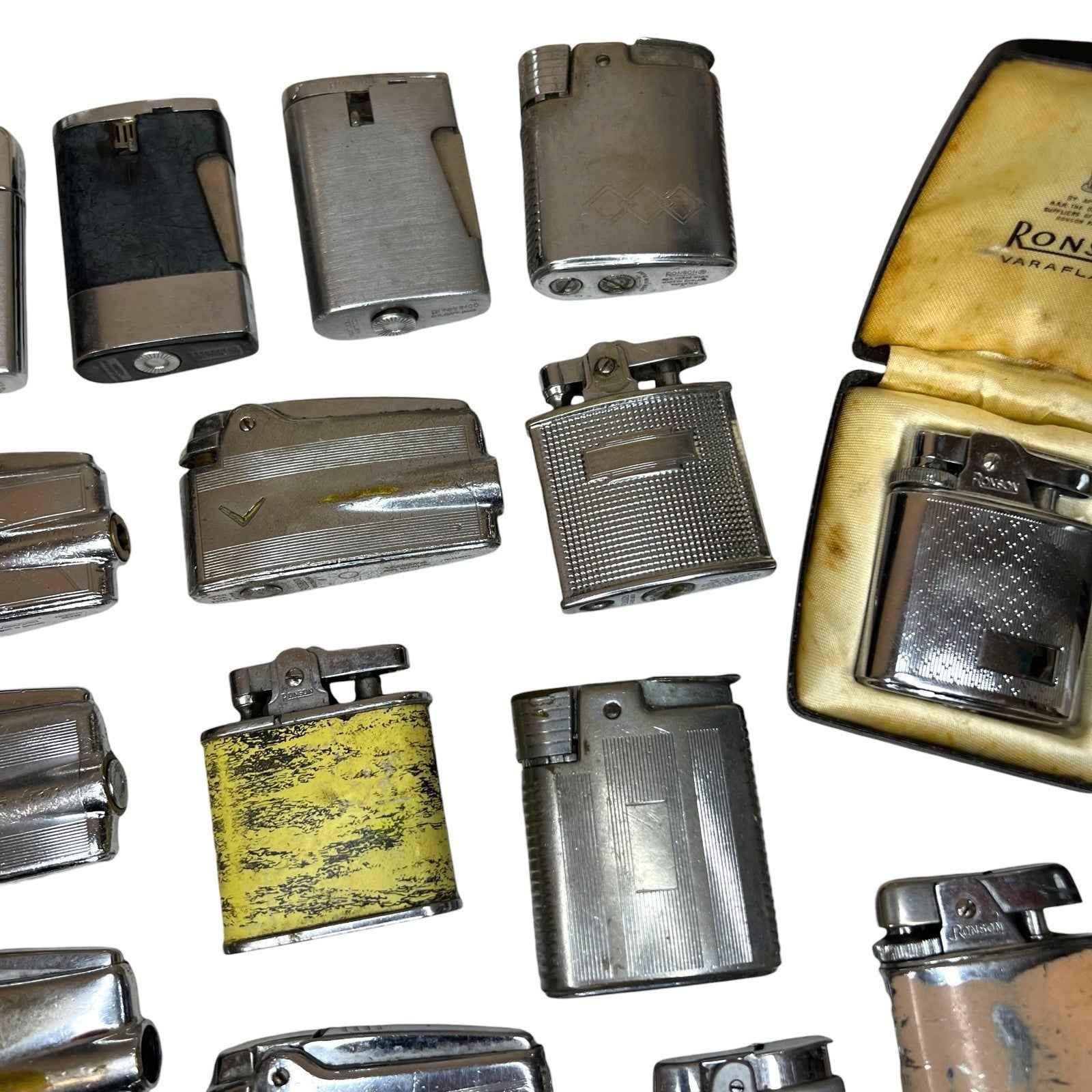 Bundle 37x Vintage Ronson Petrol Lighters Silver Tone - Varaflame Comet Some Box