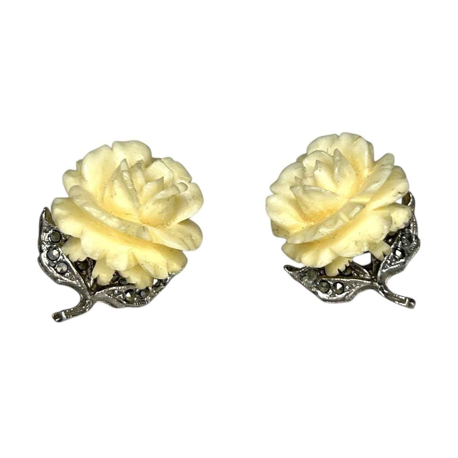 Pair of Vintage Sterling Silver & Marcasite Carved Off White Flower Earrings