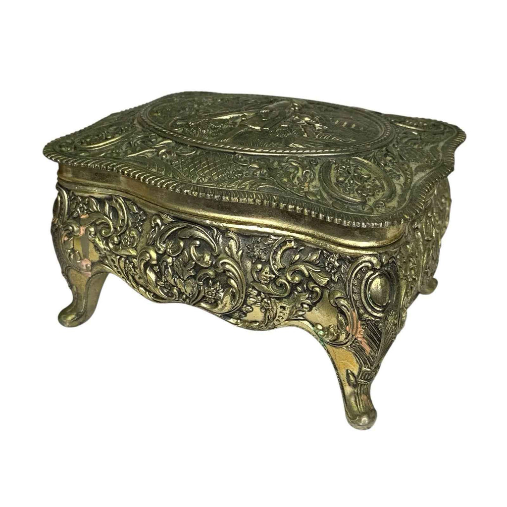 Vintage Ornate Trinket Jewellery Box Red Lining Woman with Wheelbarrow Scene