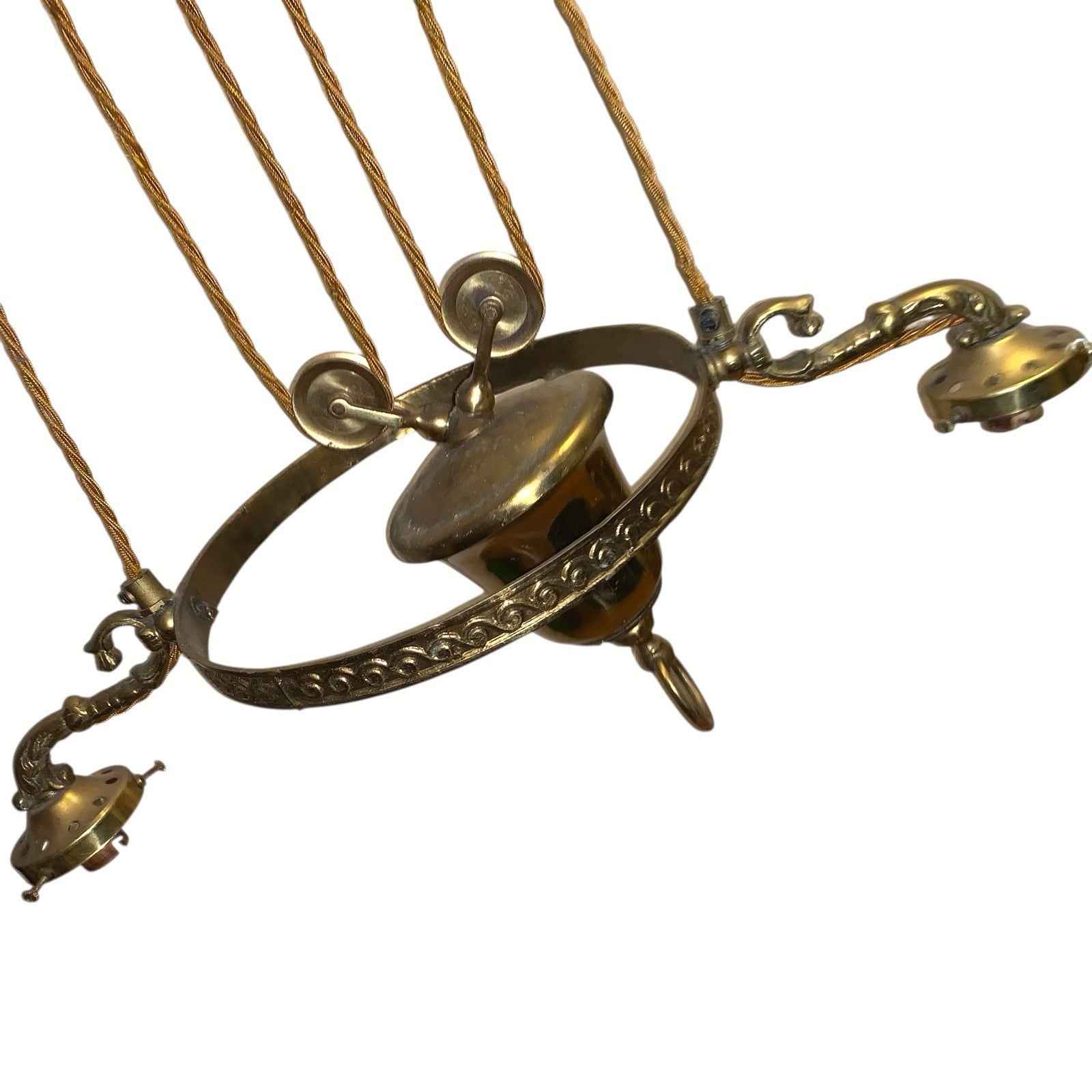 Vintage Weighted Rise & Fall Gold Tone Two Branch Ceiling Light Chandelier 1970s