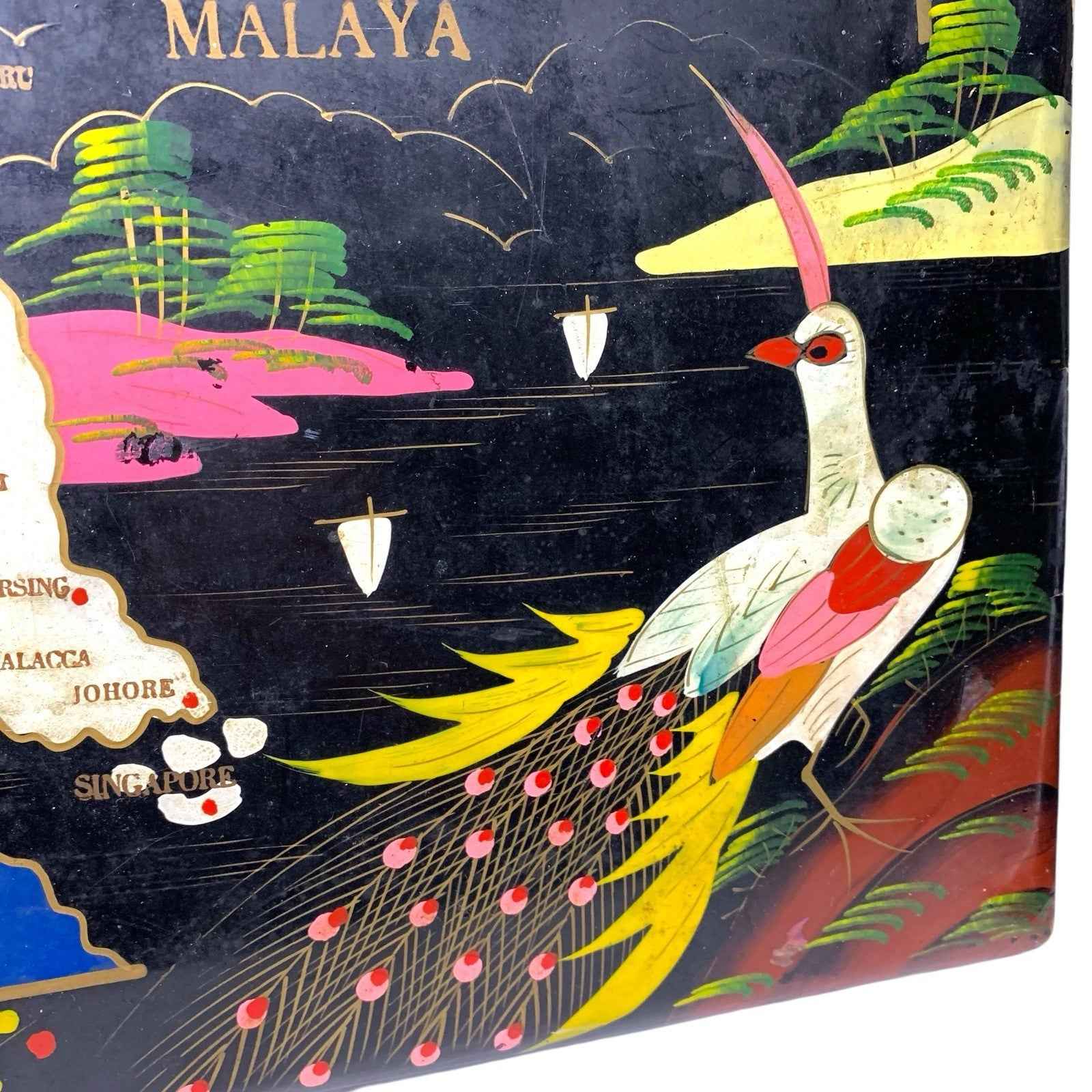 Vintage Asian Photo Album Black Lacquer Abalone Musical Malaya Peacock