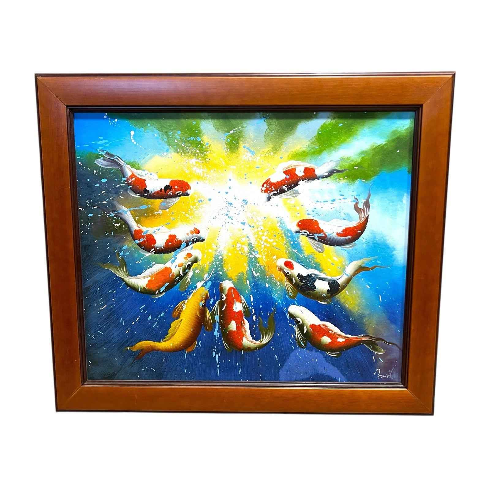 Large Original Vibrant Koi Fish Painting Signed Feng Shui Symbolism For Luck