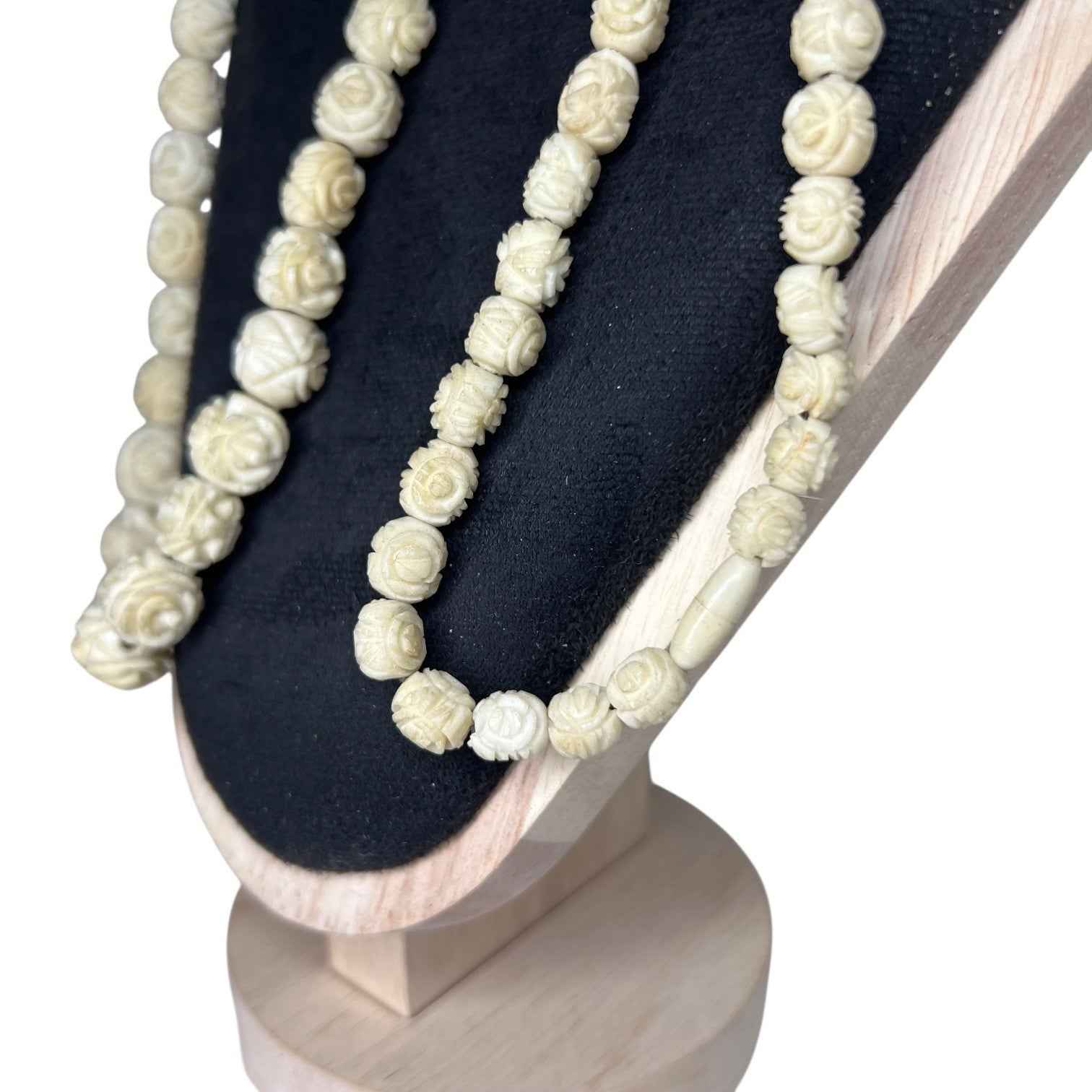 Vintage Floral Carved Bovine Bone Necklace Long Flower Bead Ethnic