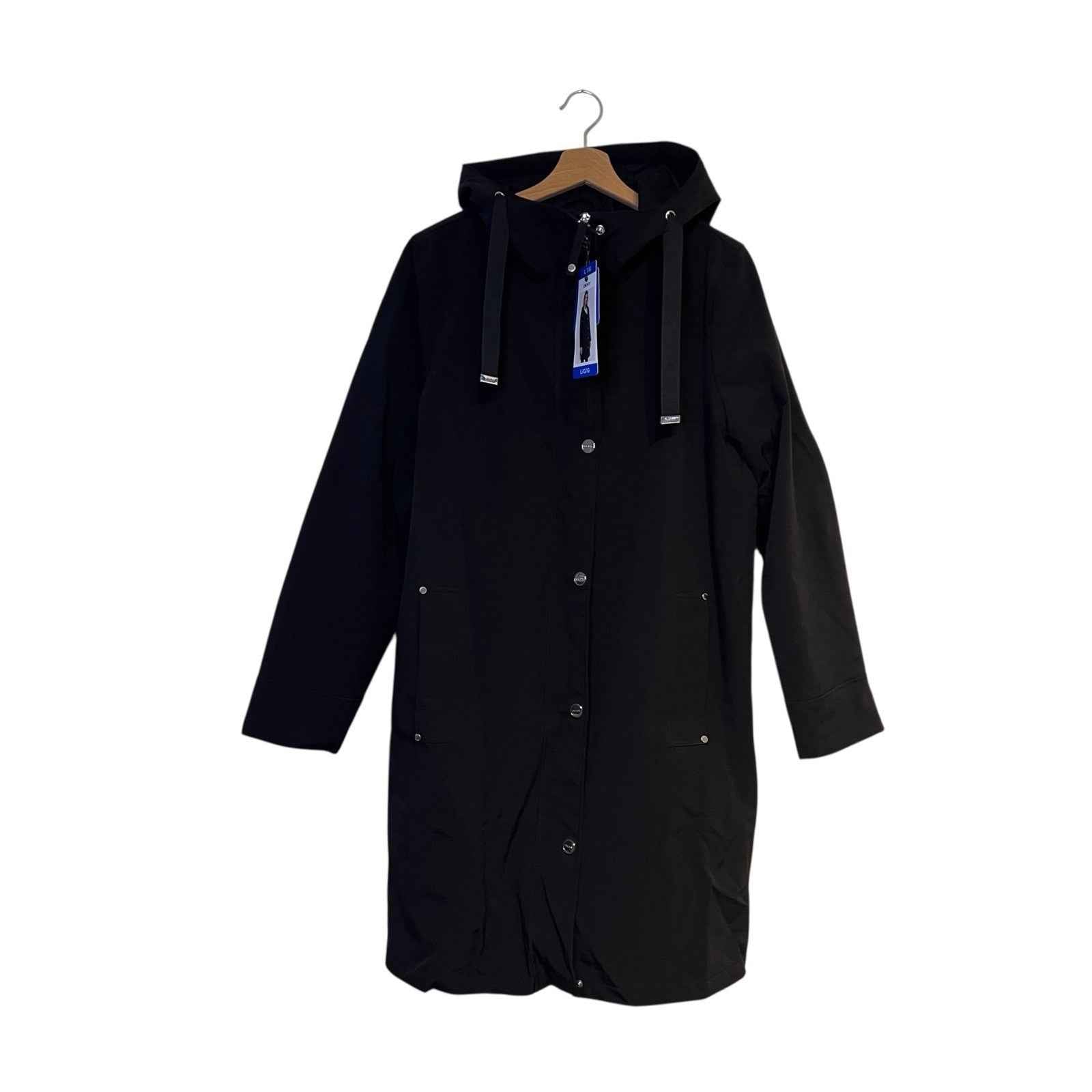 DKNY Women's Parka Coat, Black Hooded, Size L with Back Side Zip Slits BNWT