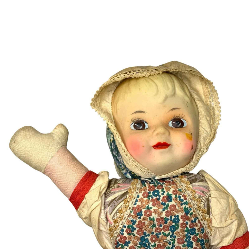 Vintage 1950s Rubber Face Rag Doll Cloth Toy Waving Arm Mid Century