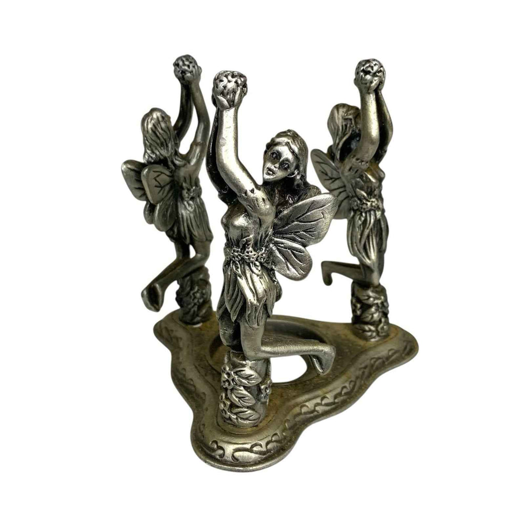 Three Fairies Pewter Tea Light Candle Holder Heavy Fantasy Floral Decor