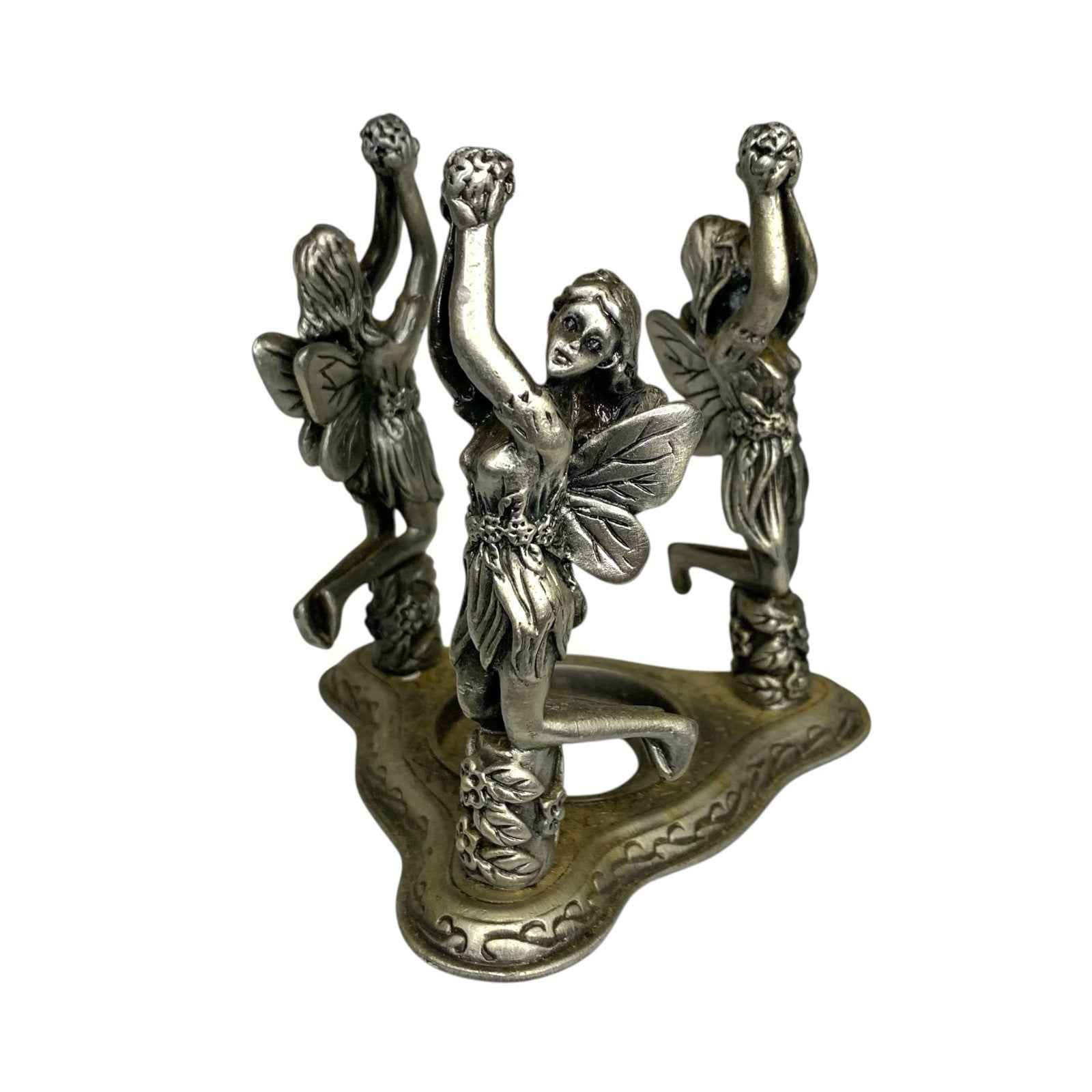 Three Fairies Pewter Tea Light Candle Holder Heavy Fantasy Floral Decor