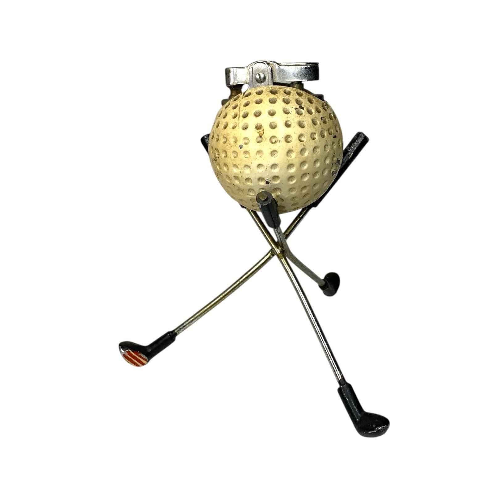 Vintage Golf Theme Table Lighter Cast Metal Golf Ball with Clubs Rare 1960s