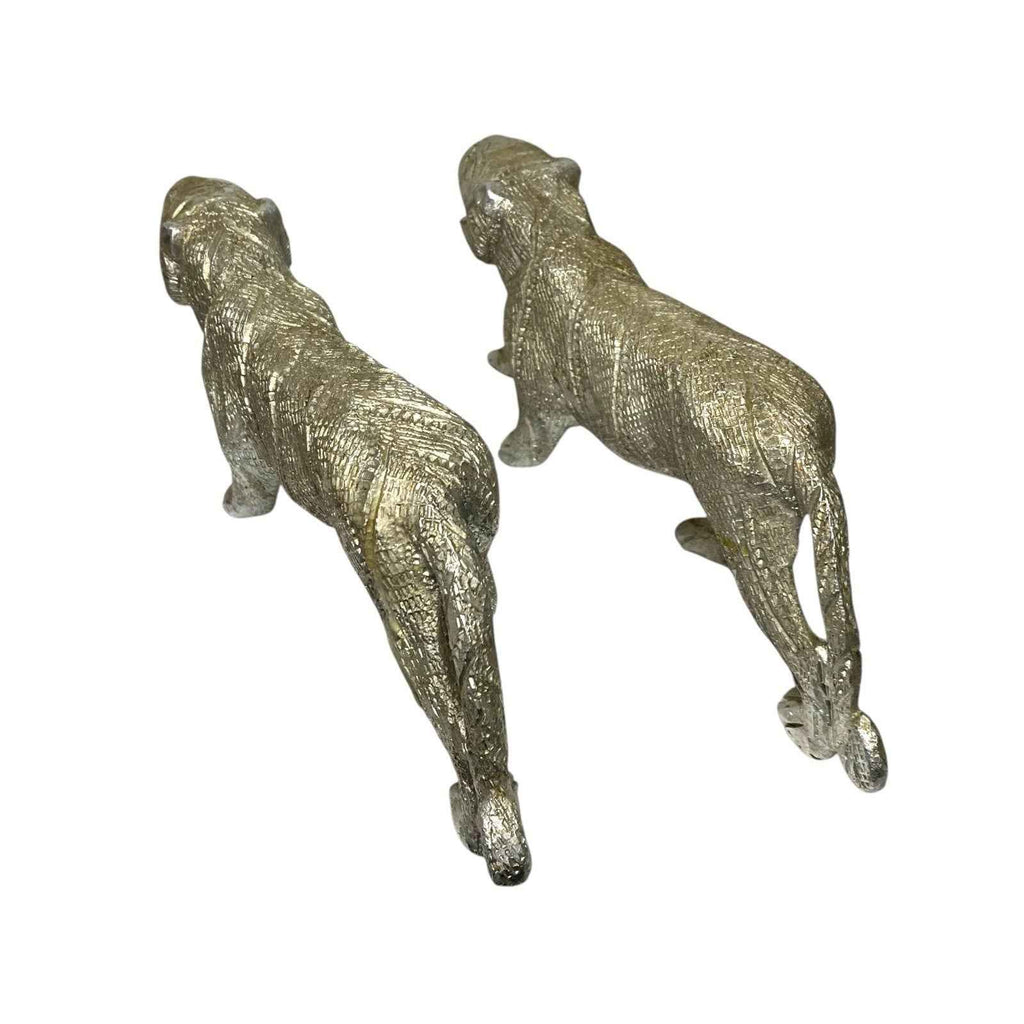 Pair Aluminium Carved Jaguar Tiger Ornament Figures Silver Tone Decorative Pair