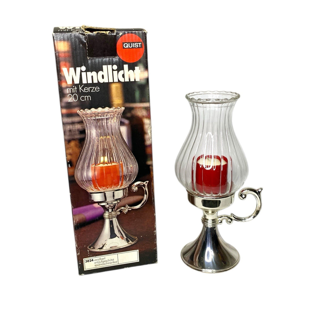 Vintage Quist Portable Lantern Hurricane Table Lamp + Candle 20cm Silver Plated