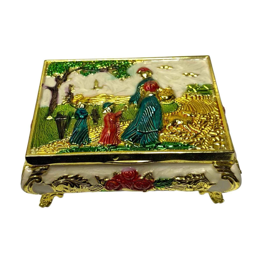 Vintage Chinese Cloisonné Copper Jewellery Trinket Box People in Field Scene