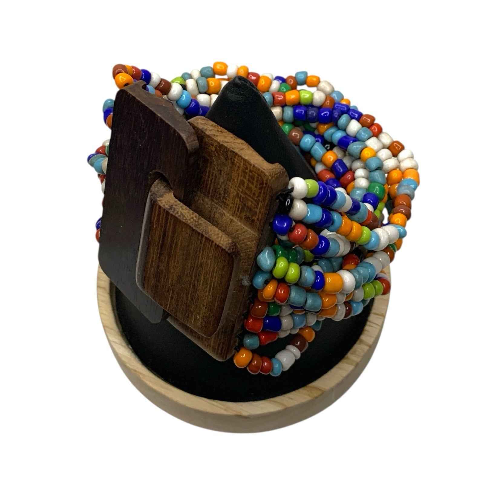 Vintage Rainbow Bead Statement Necklace Stretch Cord Wooden Closure