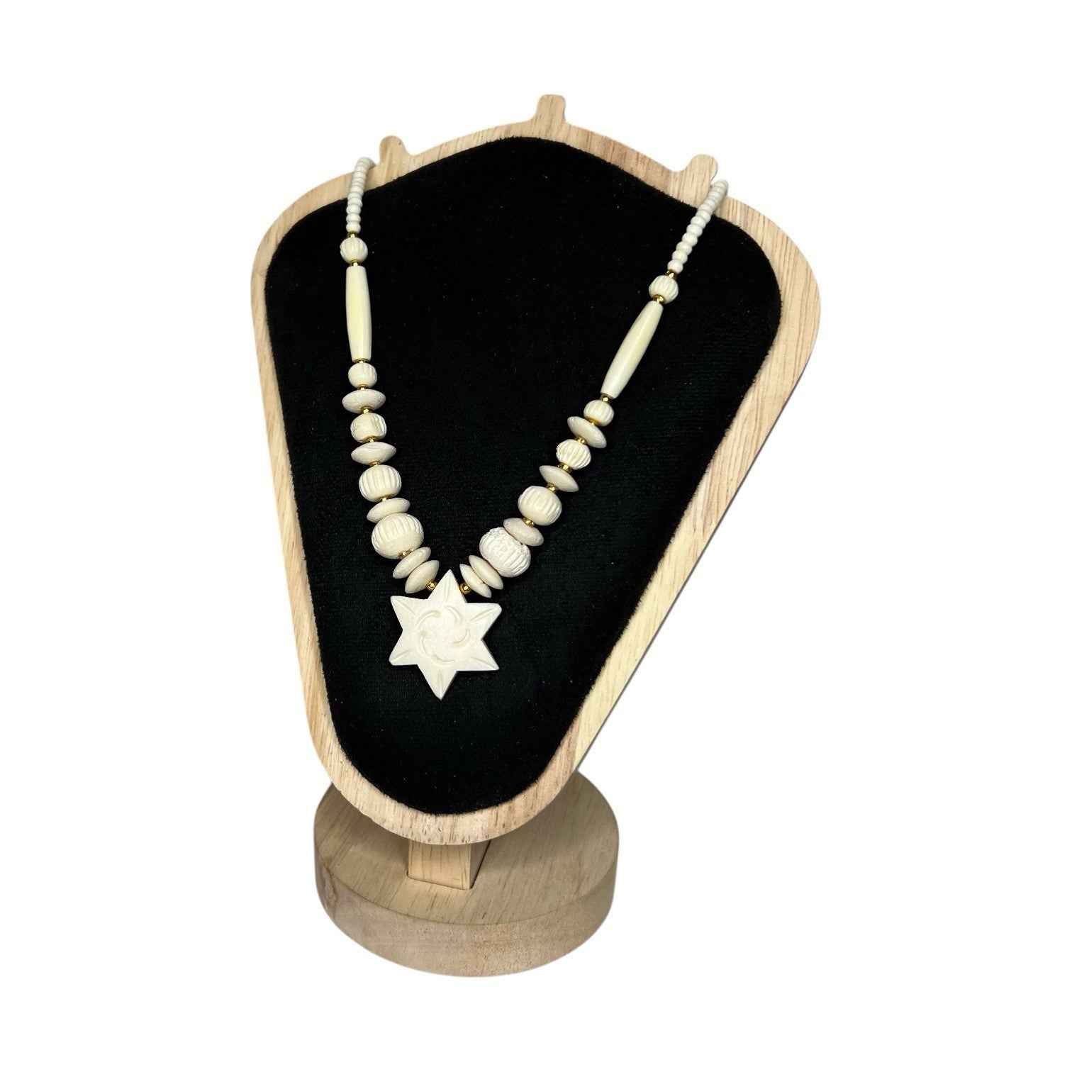 Vintage Carved Bovine Bone Necklace Star Pendant Shaped Beads Screw Clasp