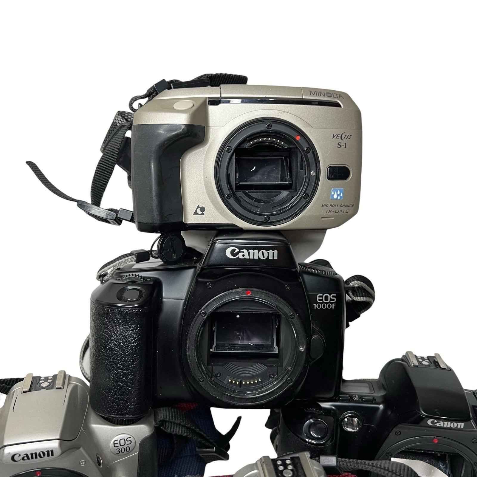 Vintage Bundle of 5 35mm SL R Cameras Canon EOS 300 500 1000F Minolta Vectis S-1