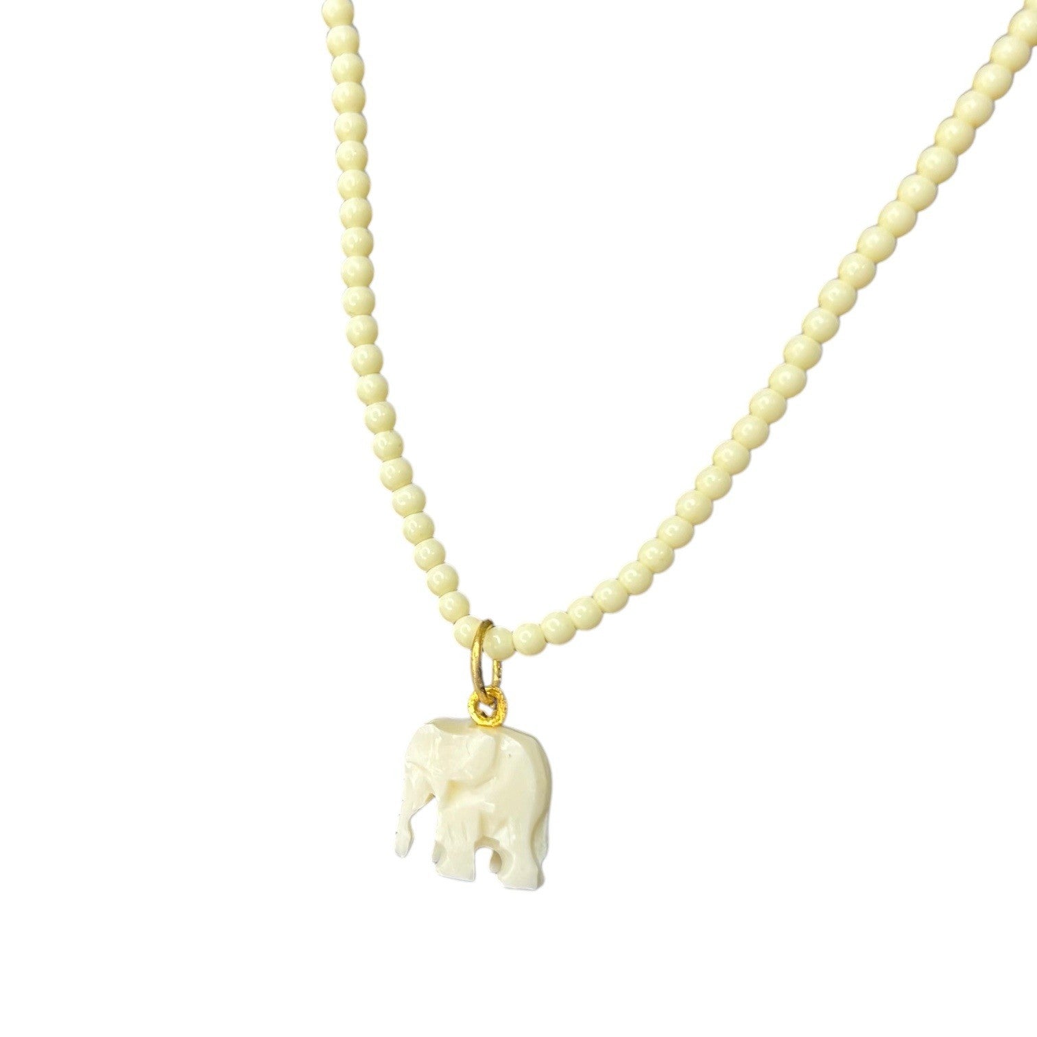 Vintage Carved Bovine Bone Necklace with Elephant Pendant & Beads