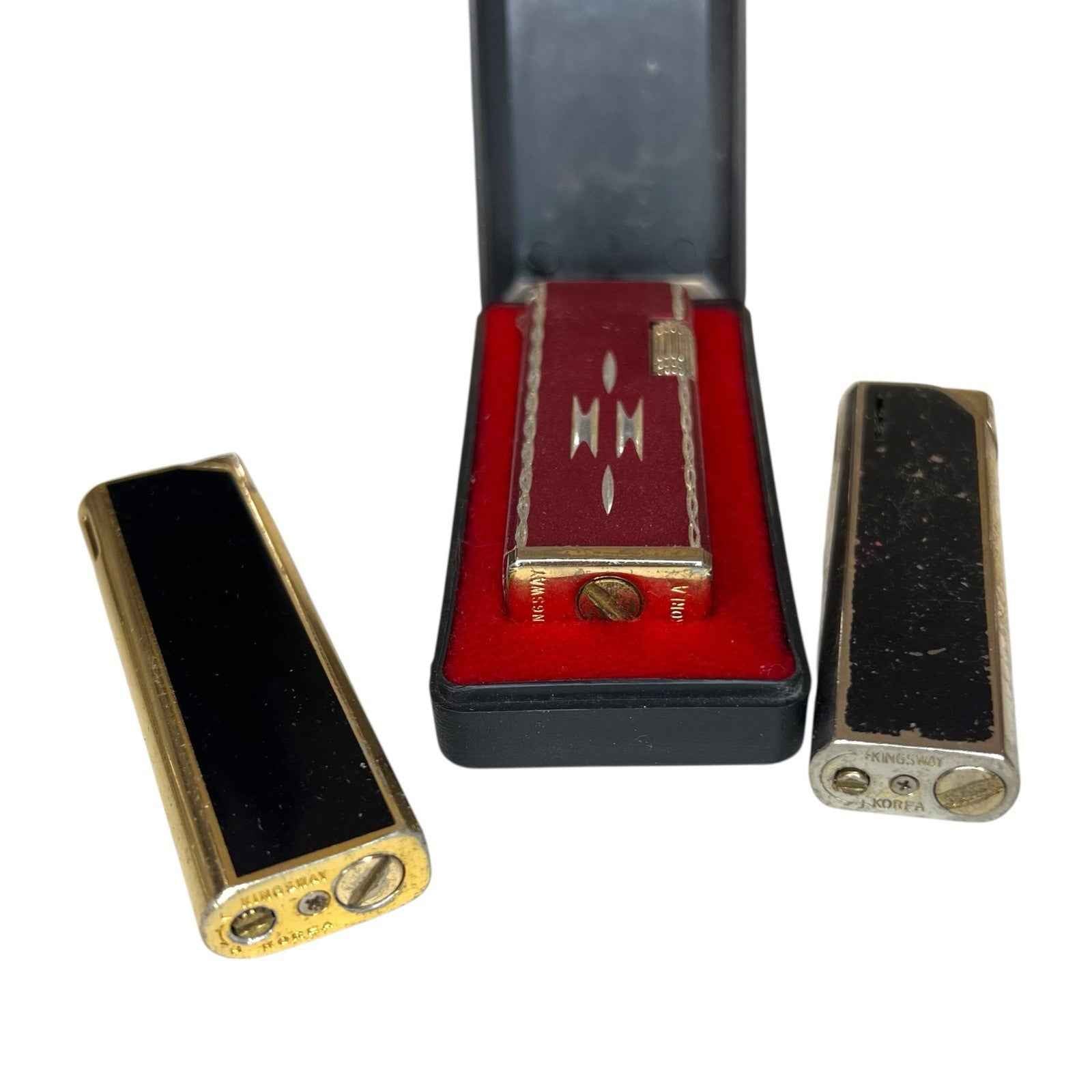 Bundle of 6 Vintage Kingsway Lighters – Gold Tone, Black, Red Ribbed – Flames