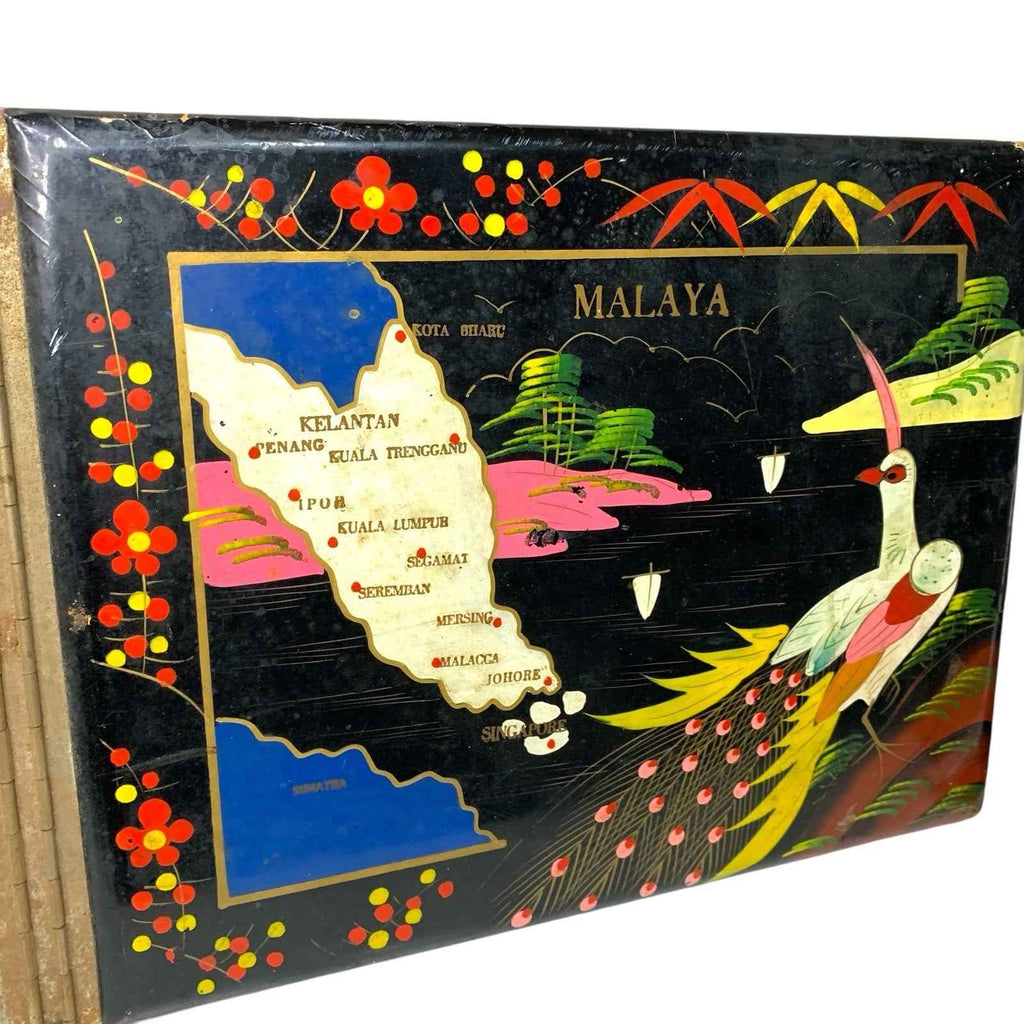 Vintage Asian Photo Album Black Lacquer Abalone Musical Malaya Peacock