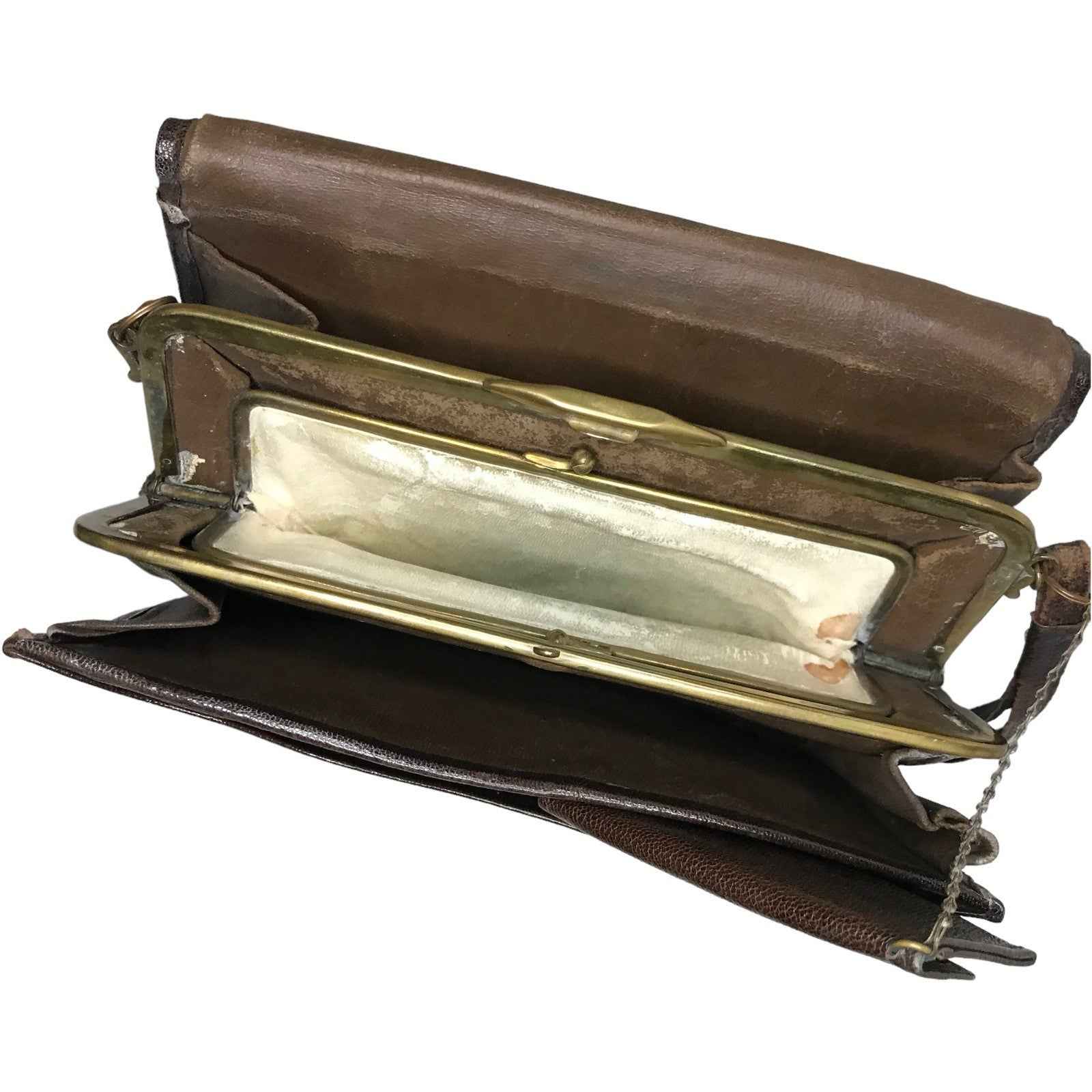 Vintage 1950s Brown Leather Shoulder Bag Brass Frame Purse Compartment
