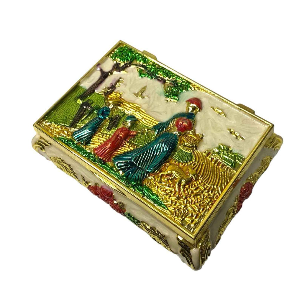 Vintage Chinese Cloisonné Copper Jewellery Trinket Box People in Field Scene