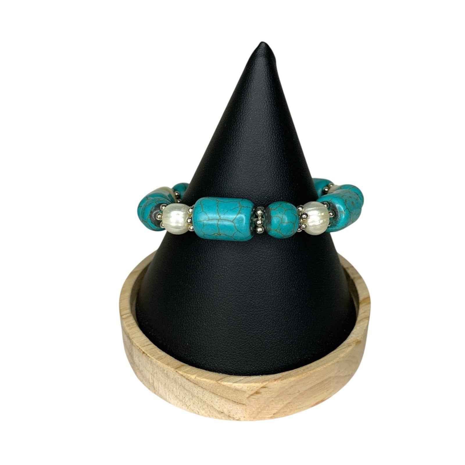 Vintage Stretch Bracelet Turquoise Beads Faux Pearls Retro Costume Jewellery