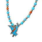 Vintage Eagle Pendant Necklace Coral & Turquoise Inlay Silver Tone