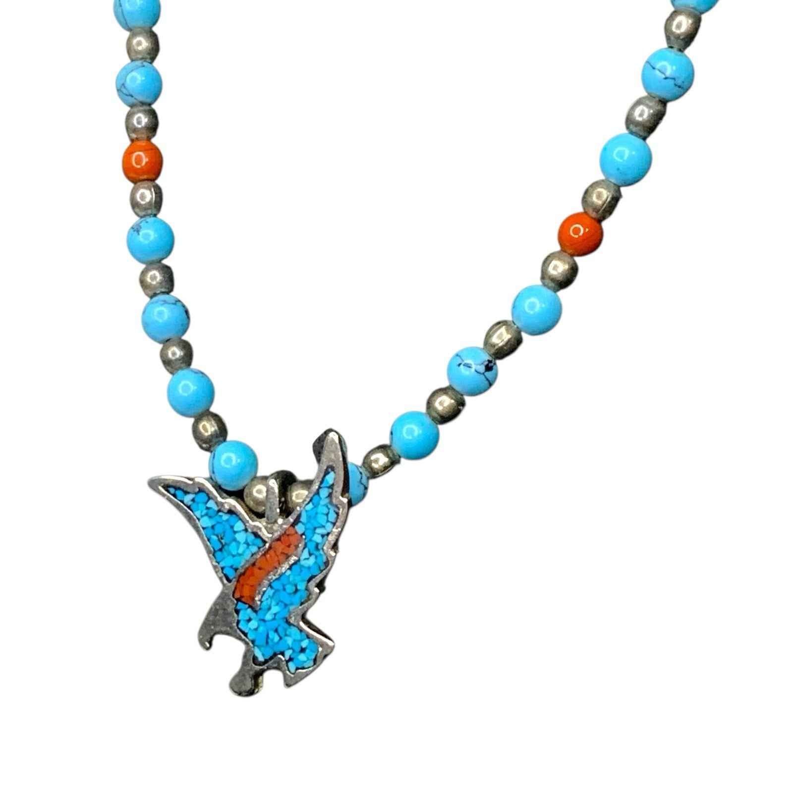 Vintage Eagle Pendant Necklace Coral & Turquoise Inlay Silver Tone