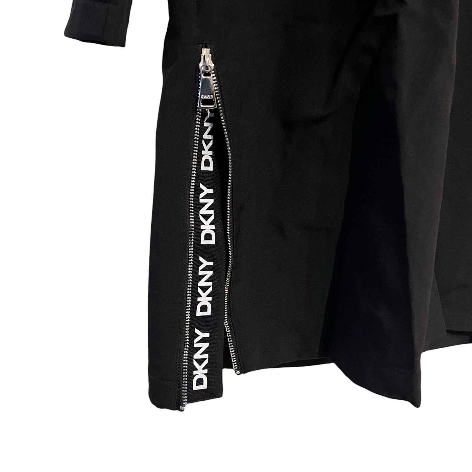 DKNY Women's Parka Coat, Black Hooded, Size L with Back Side Zip Slits BNWT