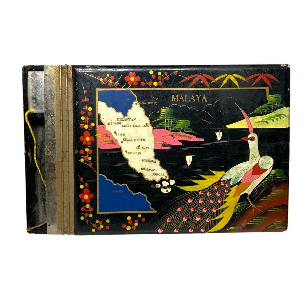 Vintage Asian Photo Album Black Lacquer Abalone Musical Malaya Peacock